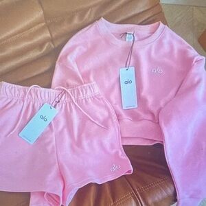 ALO Yoga Pink Cropped Sweatshirt & Shorts Set